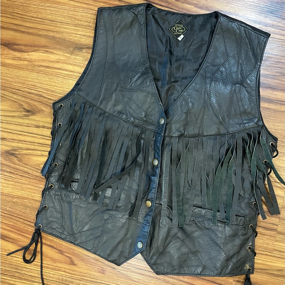 Vintage Canyon Creek Black Leather Fringe Vest
